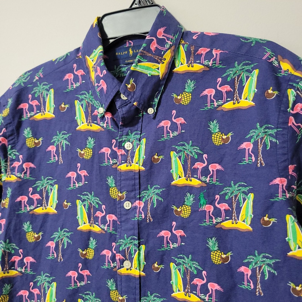 Ralph Lauren Hawaiian Shirt Mens L Navy Flamingo Pineapple Surfboard Tropical SS